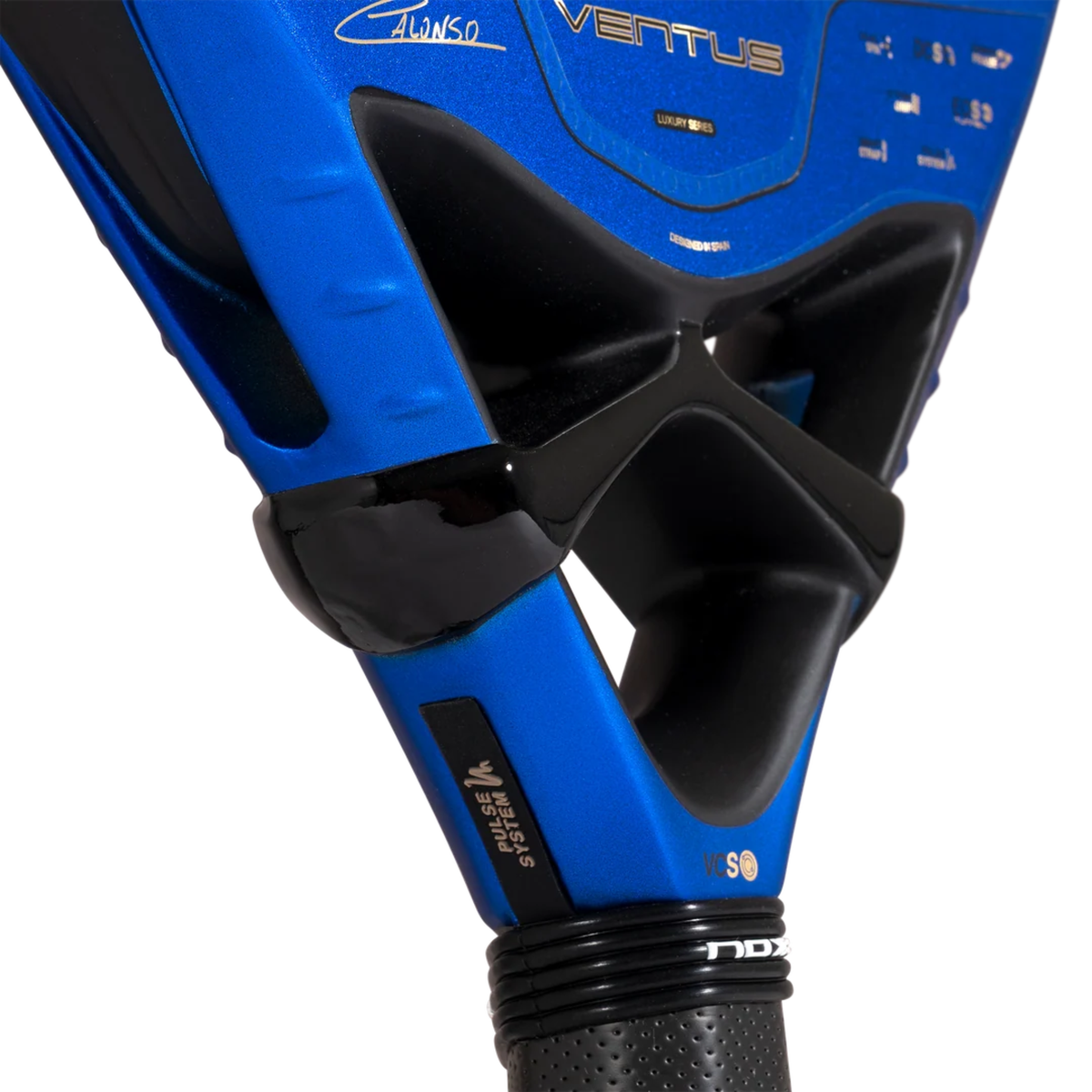 Close-up of the throat area of the NOX Ventus Hybrid 12K Xtrem Edu Alonso 2027 padel racket, showing the black bridge construction, blue lower frame and Ventus branding.