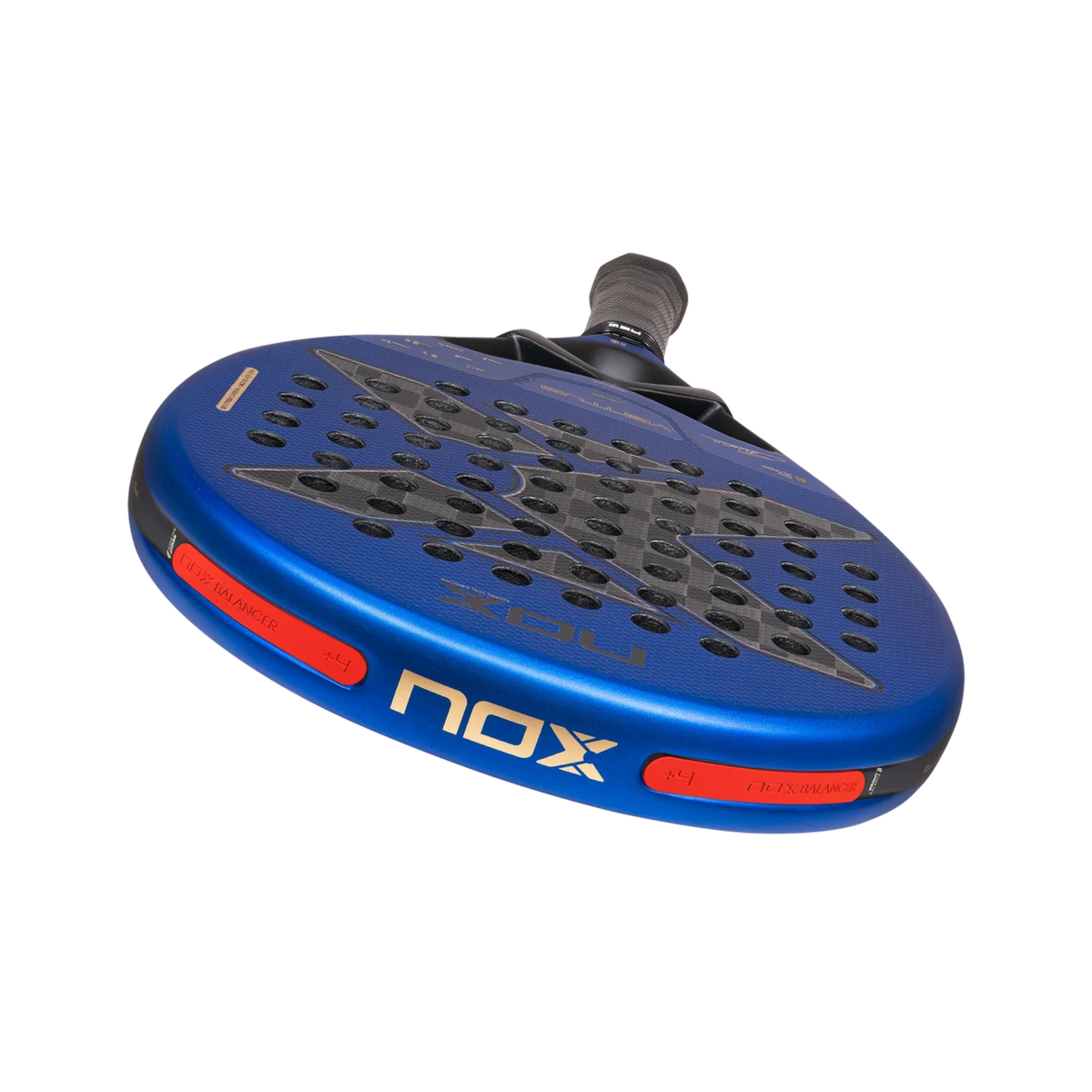 Close-up of the top profile of the NOX Ventus Hybrid 12K Xtrem Edu Alonso 2027 padel racket, showing the blue frame edge, perforated face and Nox branding on the side.