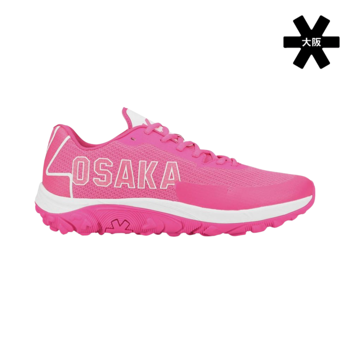 Side view of the Osaka Kai MK1 UNI Rose padel shoe in bright pink, featuring white Osaka branding on the side, a white midsole, pink outsole and Osaka logo in the top right corner.