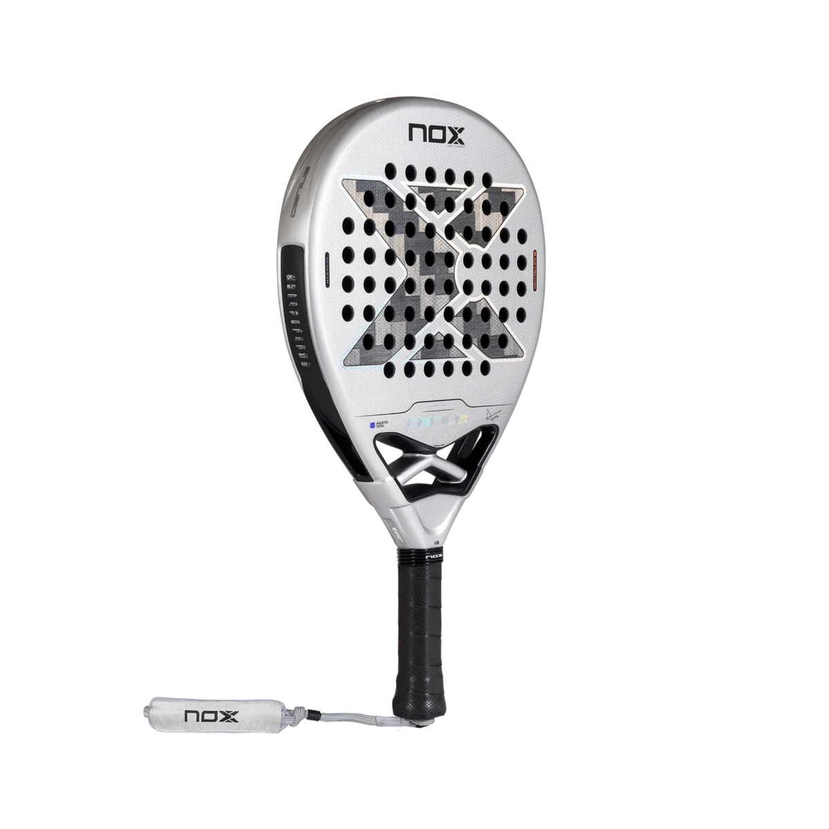Angled front view of the Nox AT10 GENIUS 12K ALUM Xtreme 2027 padel racket on a light background.