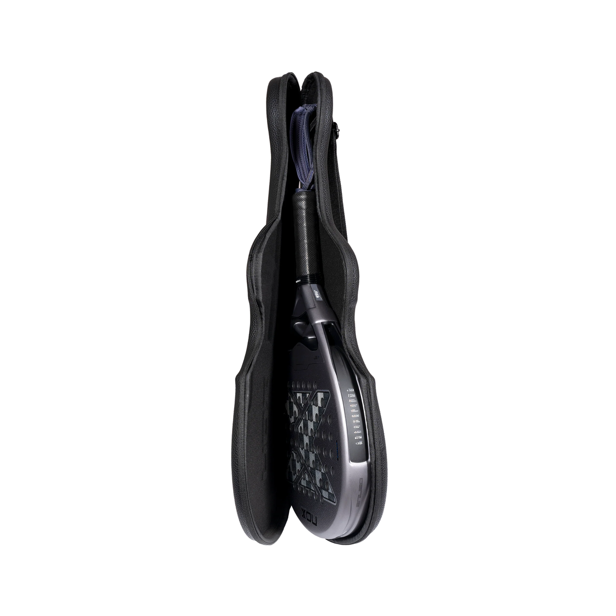 Nox AT10 GENIUS 18K ALUM 2027 padel racket stored inside the black protective Nox case, shown from the side.
