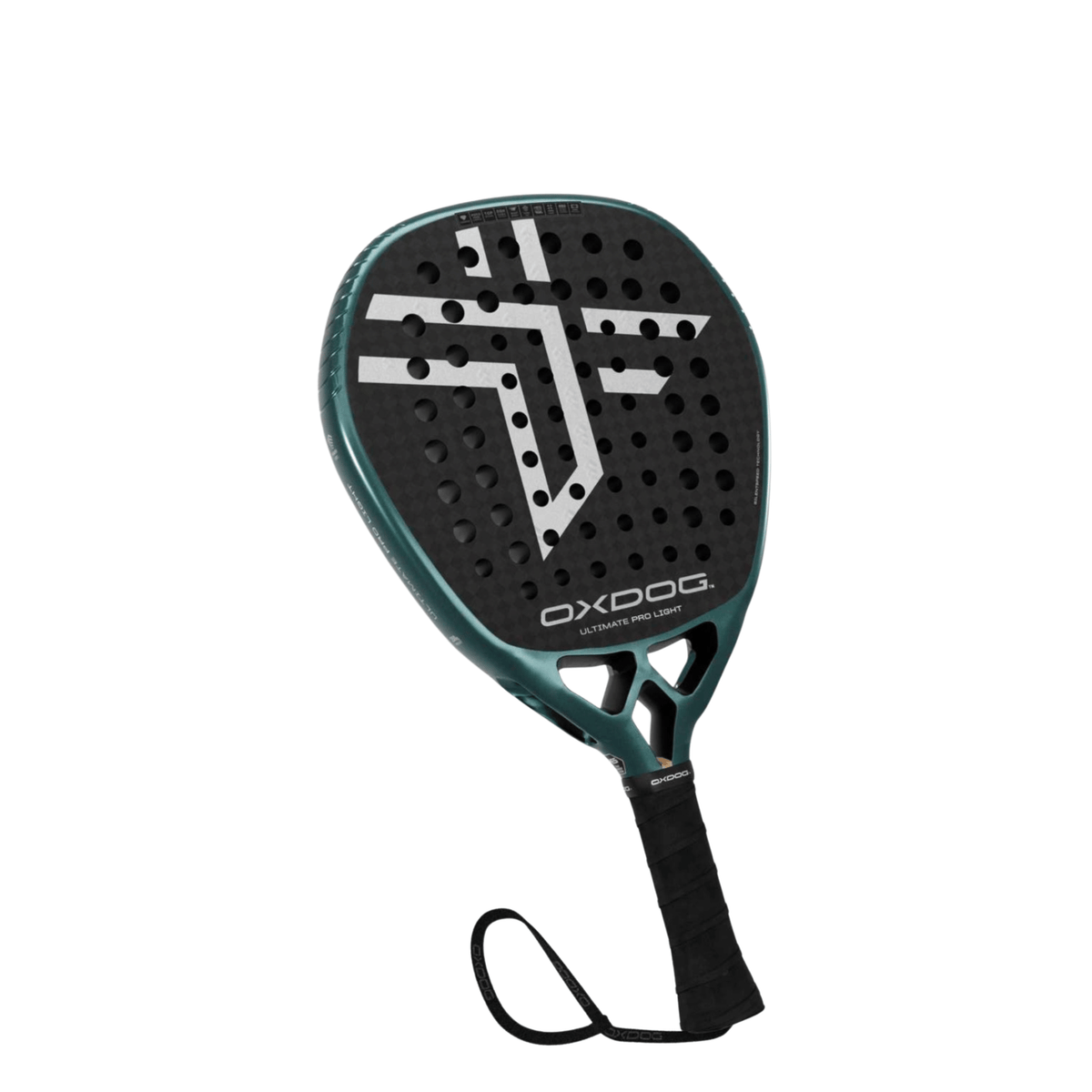 Angled view of the Oxdog Ultimate Pro Light 2027 padel racket with a black perforated face, teal green frame, white Oxdog graphics, black grip and wrist strap.