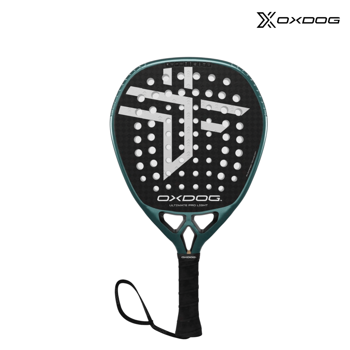 Oxdog Ultimate Pro Light 2027 padel racket shown from the front with a black face, teal green frame, white graphic details, black grip and wrist strap, with the Oxdog logo in the top right corner.