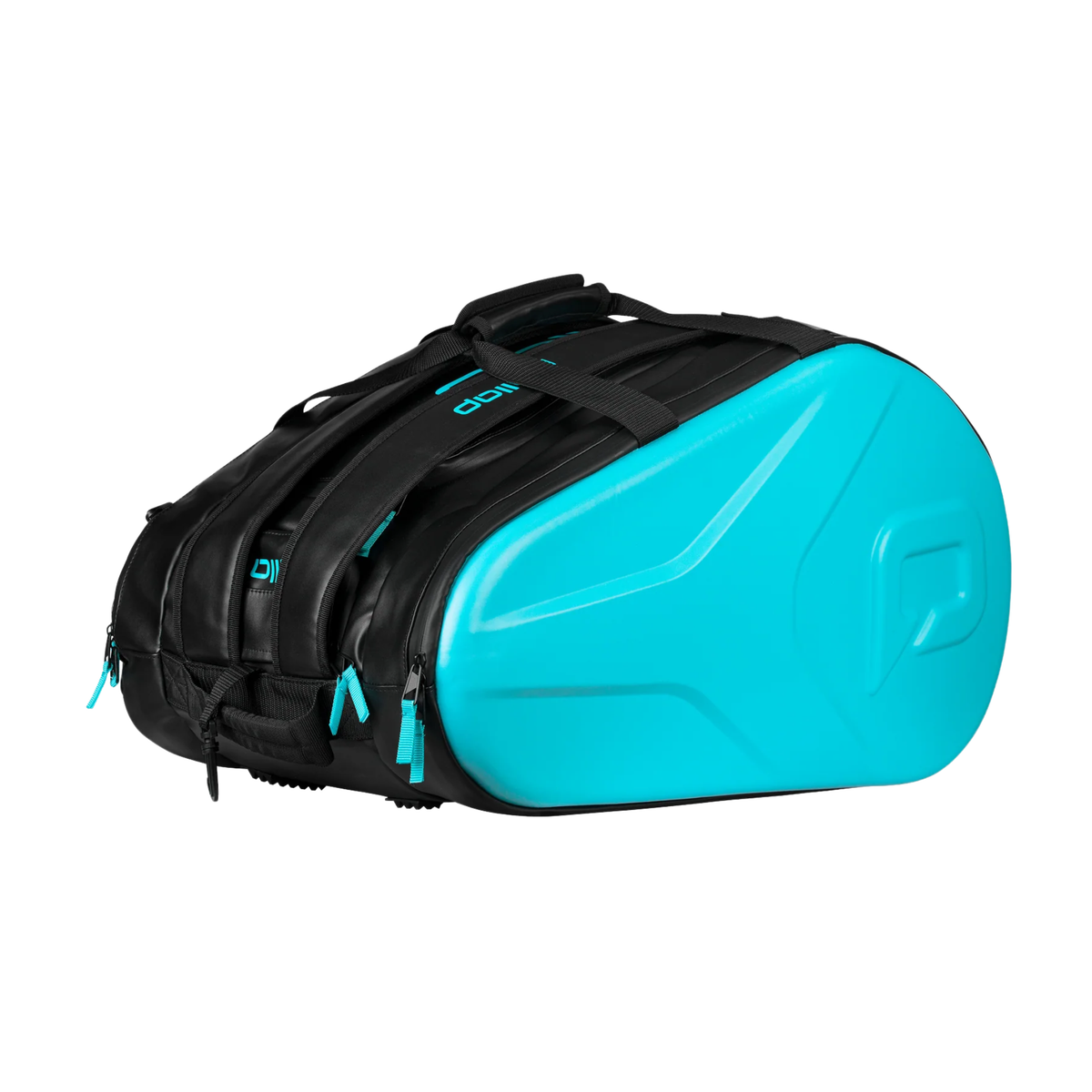 Pallap Pro Racketbag 2026 in black and turquoise shown from an angled side view, featuring multiple compartments, carrying straps, turquoise zipper details and a hard turquoise side panel.