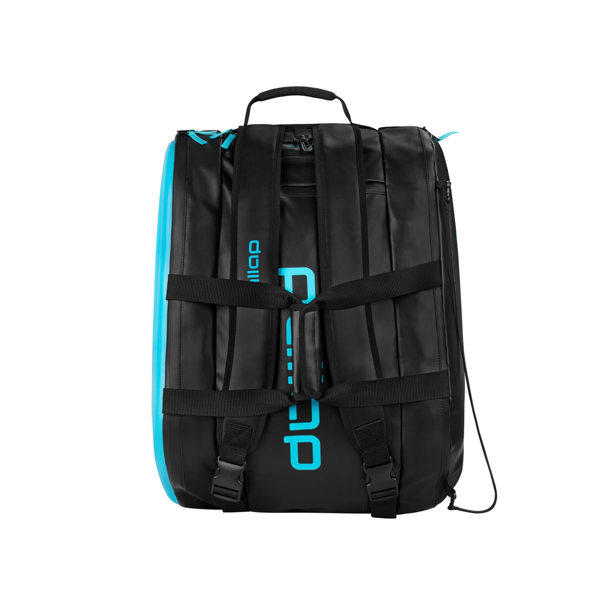 Rear view of the Pallap Pro Racketbag 2026 showing the padded backpack straps, adjustable buckles, black back panel and turquoise Pallap details.
