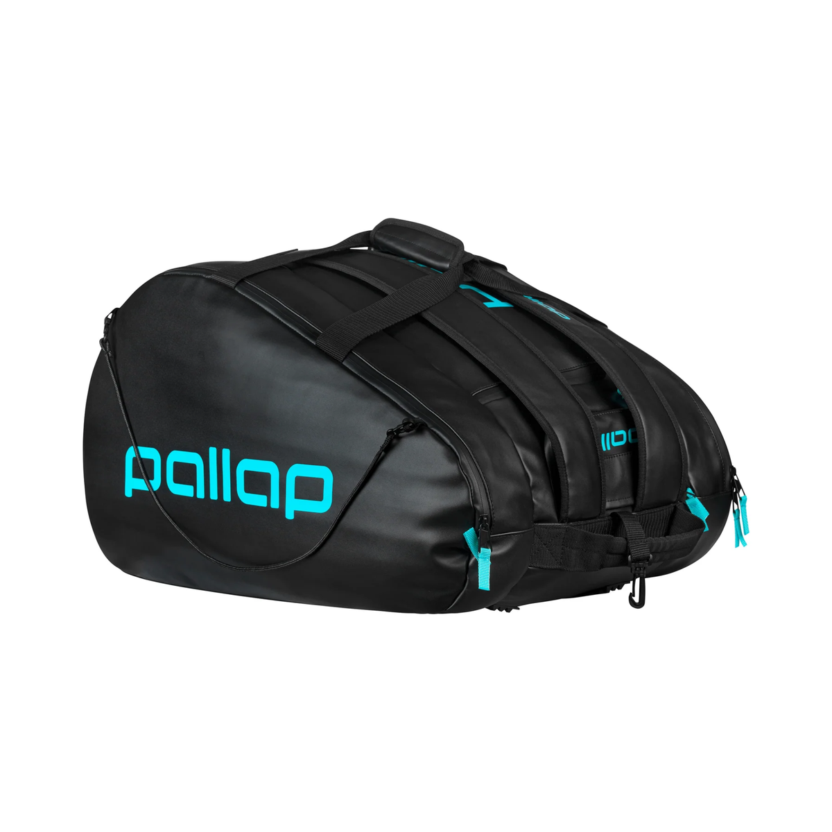 Black side view of the Pallap Pro Racketbag 2026 with turquoise Pallap branding, multiple zip compartments and turquoise zipper pulls.