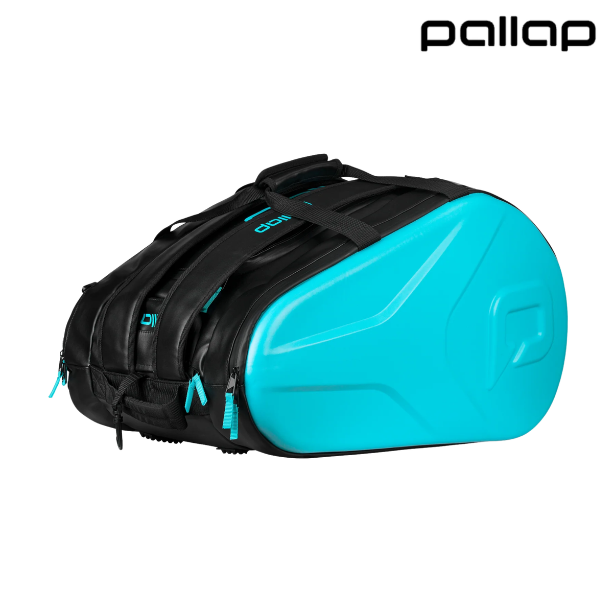 Pallap Pro Racketbag 2026 in black and turquoise shown from an angled side view, featuring multiple compartments, black carrying straps, turquoise zipper details and a hard turquoise side panel, with Pallap logo top right.