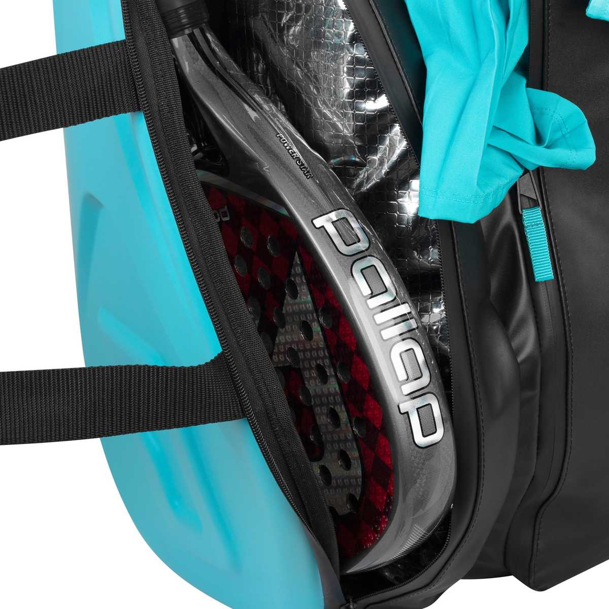 Close-up of the front pocket on the Pallap Pro Racketbag 2026, featuring turquoise Pallap branding and a matching turquoise zipper pull.