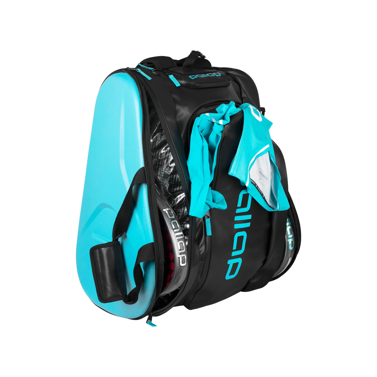 Pallap Pro Racketbag 2026 shown partially open, displaying the spacious storage compartment and turquoise interior details.