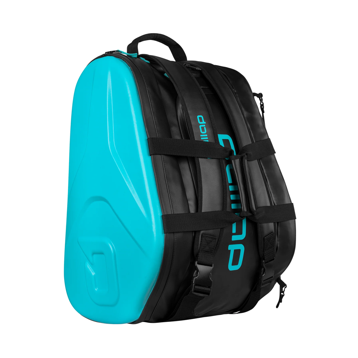 Opposite side view of the Pallap Pro Racketbag 2026 showing the turquoise hard shell panel, black compartments and backpack carrying system.