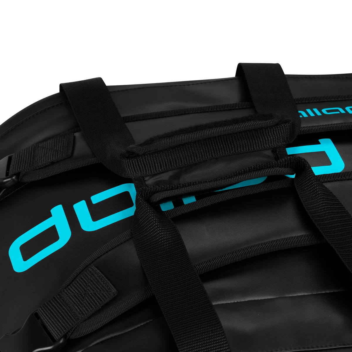 Side view of the Pallap Pro Racketbag 2026 highlighting the multiple black zip compartments, turquoise end panel and carrying straps.