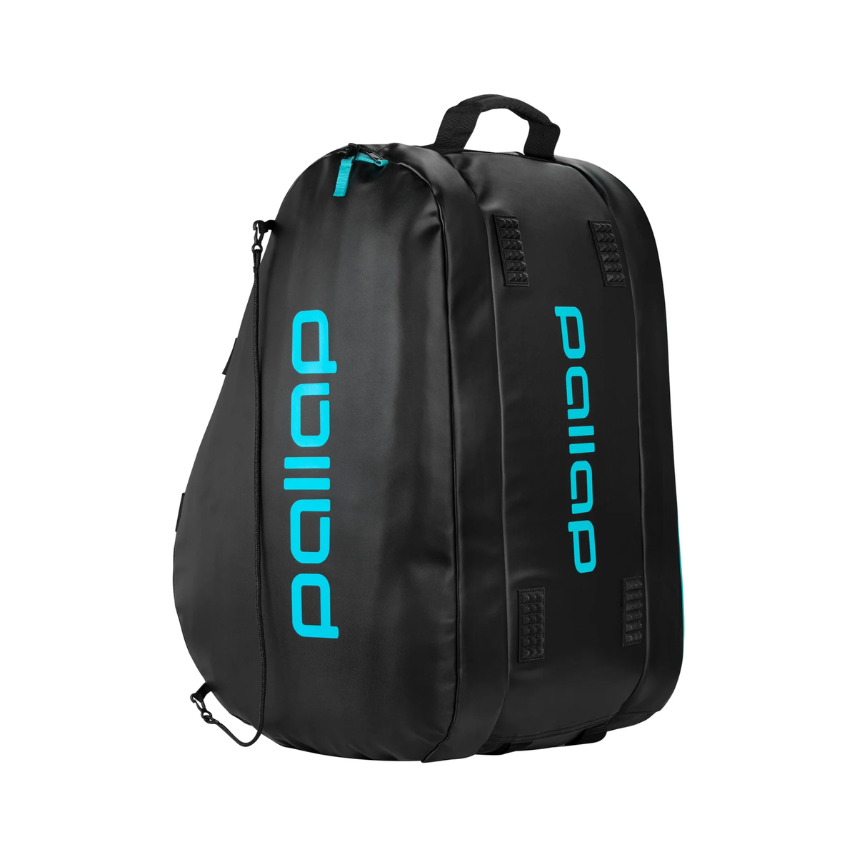 Upright view of the Pallap Pro Racketbag 2026 showing its black body, turquoise details, top handle and vertical Pallap branding.