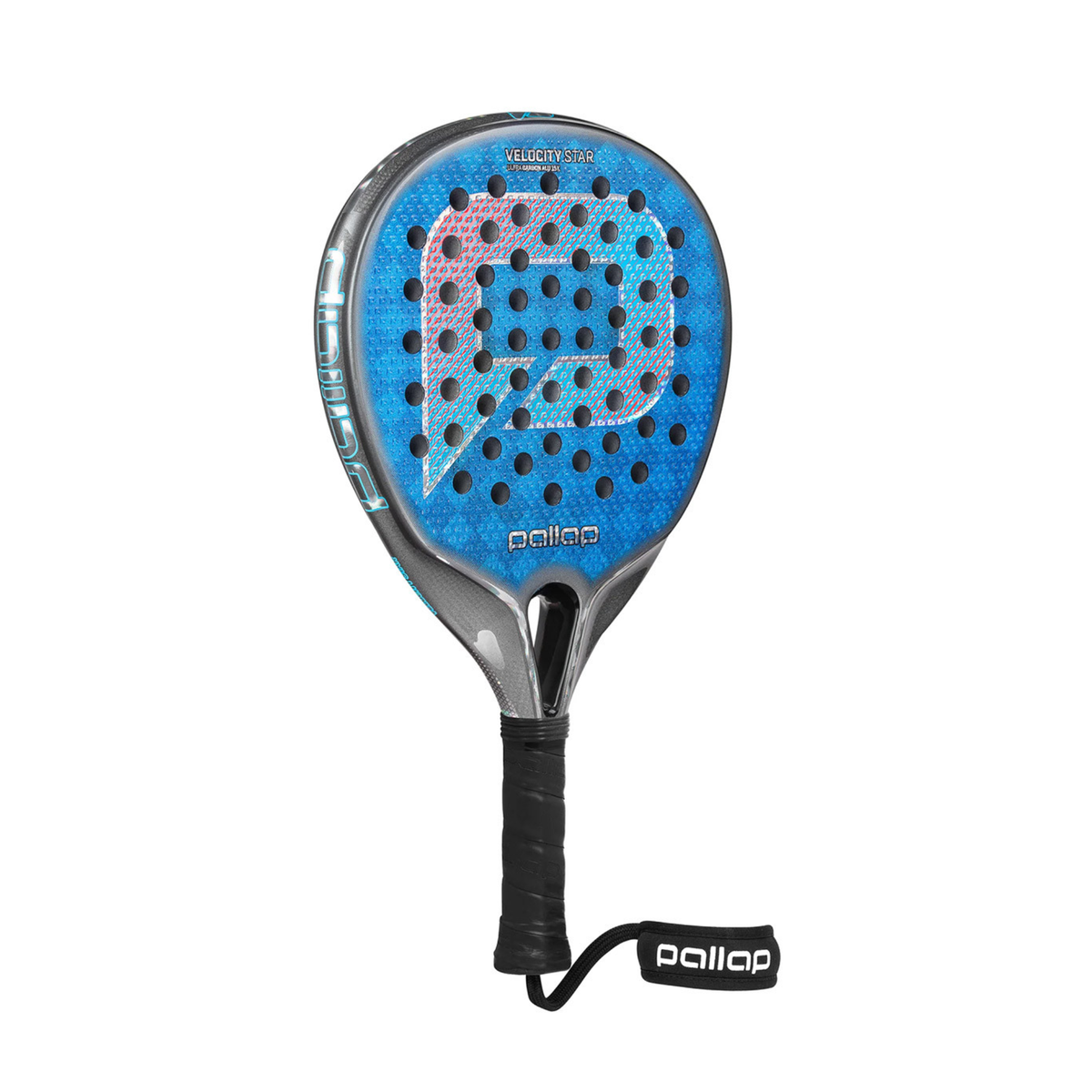 Angled front view of the Pallap Velocity Star 2026 padel racket, showing the blue textured face, hole pattern, silver frame, black grip and wrist strap.