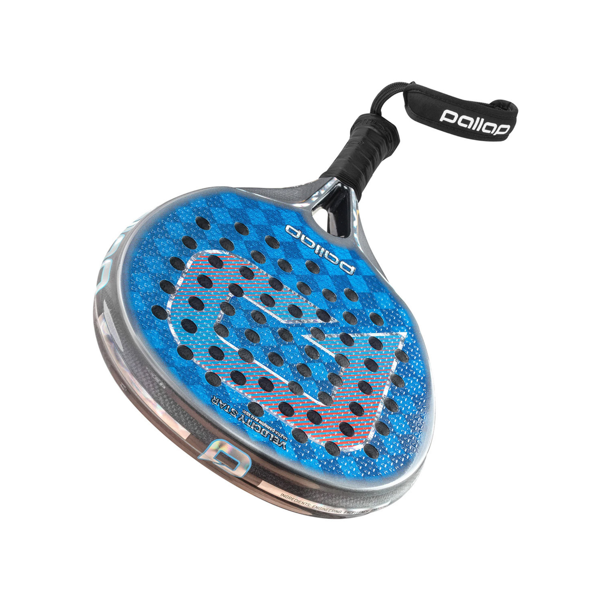 Angled side view of the Pallap Velocity Star 2026 padel racket, showing the blue face with hole pattern, side profile of the frame, black handle grip and black wrist strap with Pallap branding.