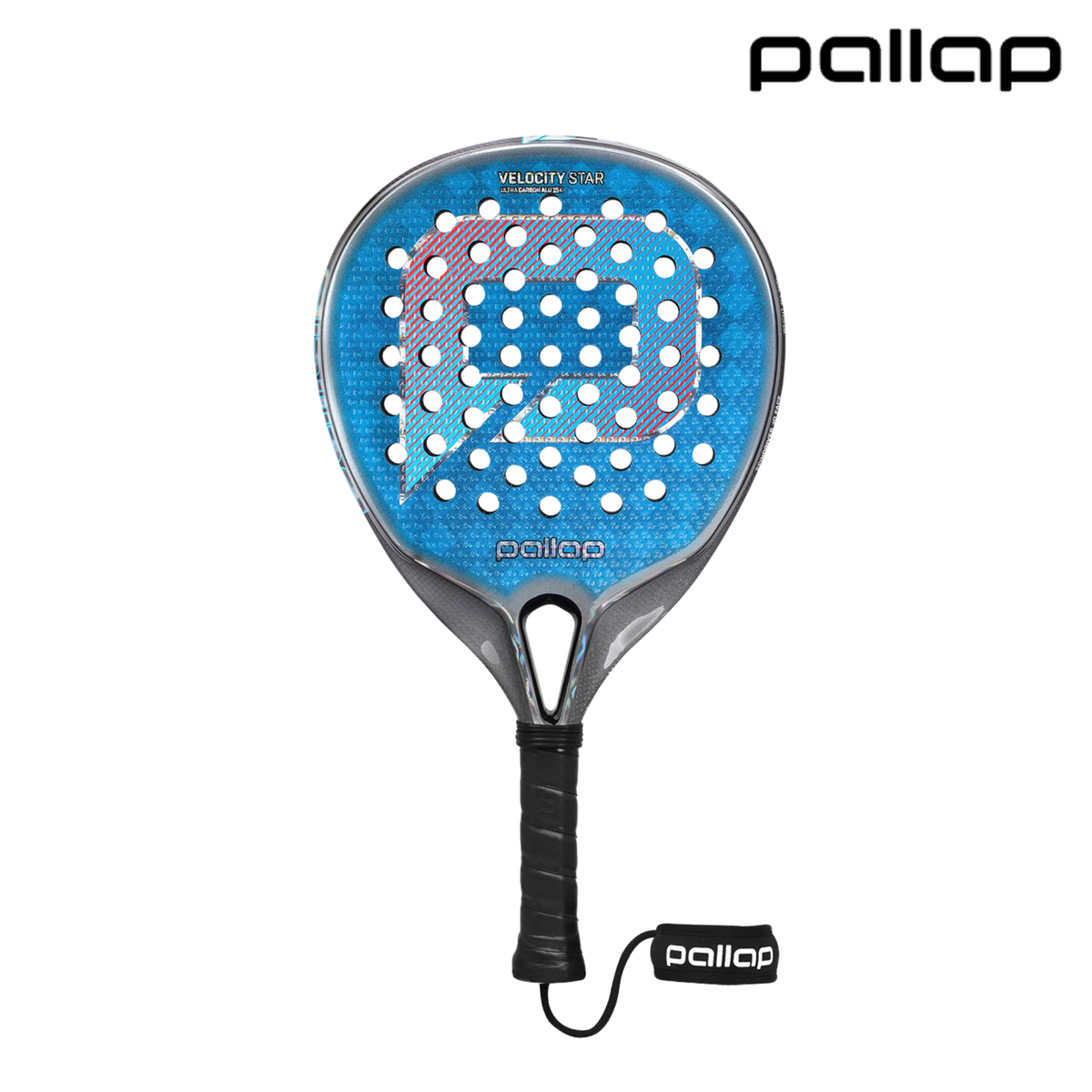 Branded front view of the Pallap Velocity Star 2026 padel racket, featuring a bright blue racket face with a large stylized Pallap graphic, silver frame, black handle grip, black wrist strap and the Pallap brand logo in the top right corner.