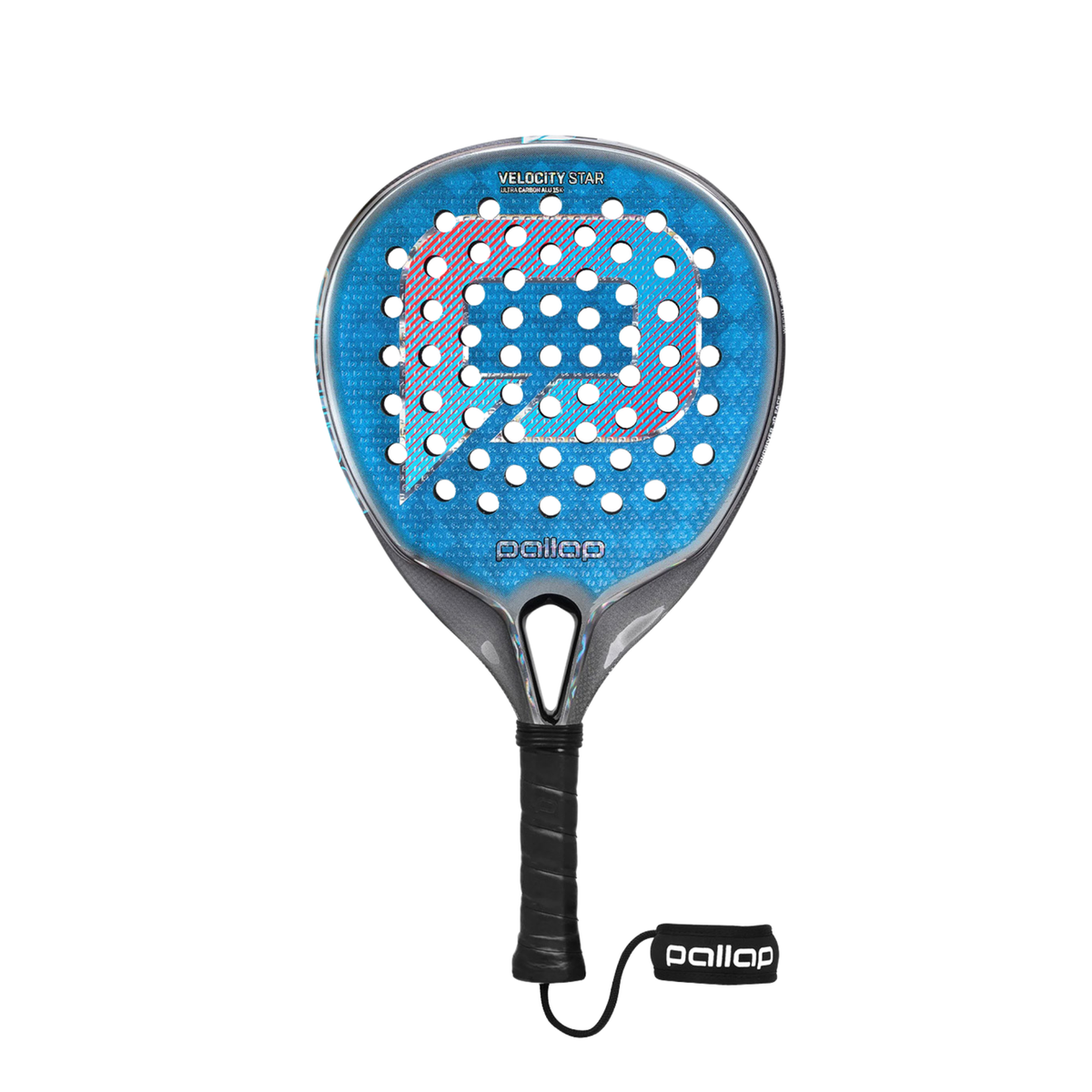 Front view of the Pallap Velocity Star 2026 padel racket, showing the blue face, large stylized graphic, silver frame, black handle grip and black wrist strap with Pallap branding.