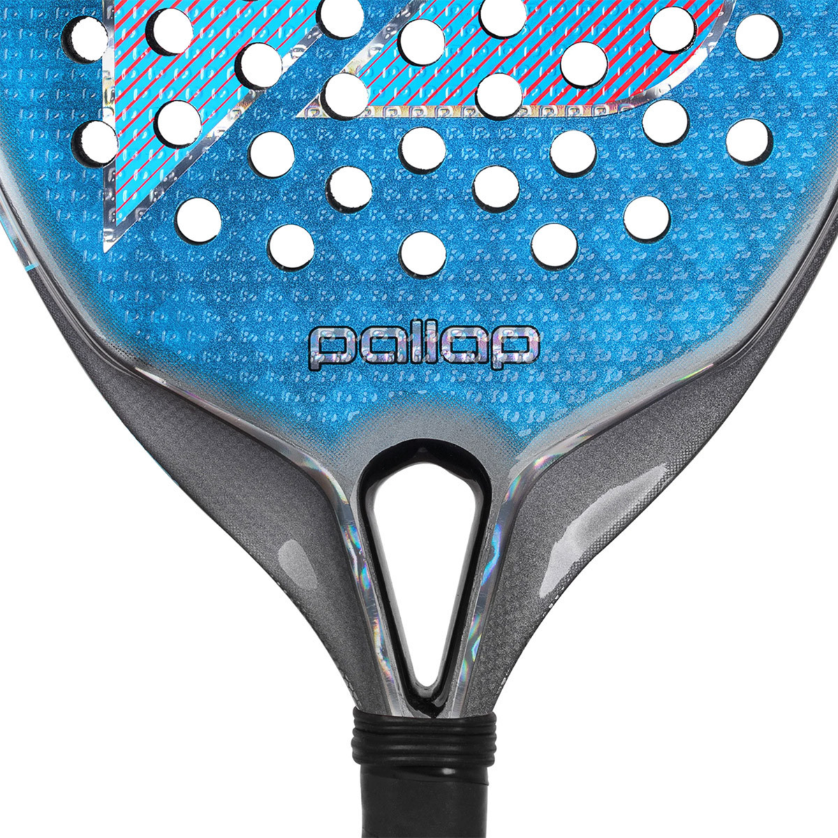 Close-up detail of the Pallap Velocity Star 2026 padel racket, highlighting the lower blue face, Pallap logo, silver throat design and the start of the black handle grip.