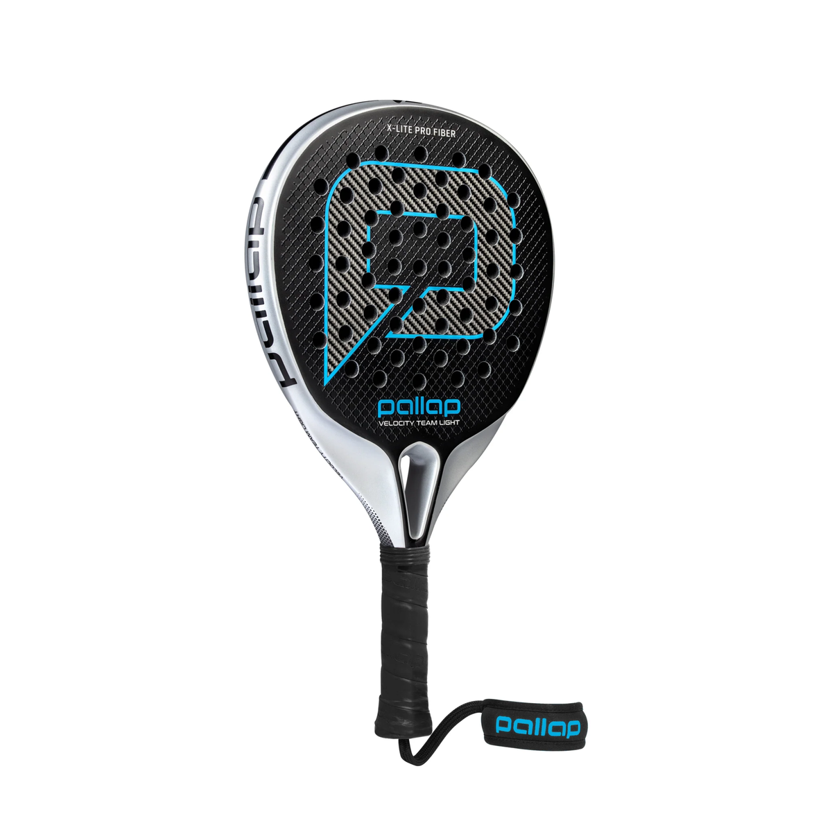 Angled front view of the Pallap Velocity Team Light 2026 padel racket, showing the black face with blue details, hole pattern, silver-gray frame, black grip and black wrist strap with blue Pallap branding.