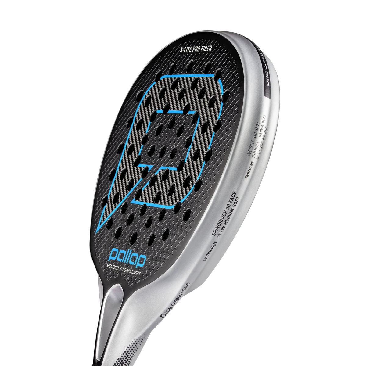 Angled side view of the Pallap Velocity Team Light 2026 padel racket, showing the side profile of the silver-gray frame, black racket face with blue accents and the hole pattern.