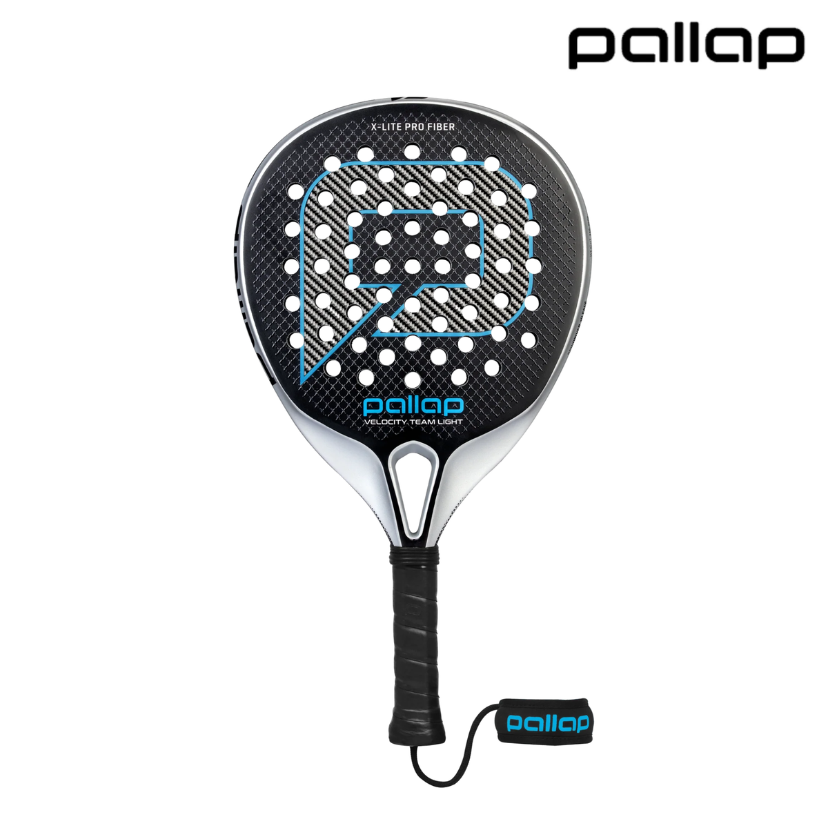 Branded front view of the Pallap Velocity Team Light 2026 padel racket in gray, black and blue, featuring a black racket face with a large carbon-style Pallap graphic outlined in blue, a silver-gray frame, black handle grip, black wrist strap with blue Pallap branding, and the Pallap logo in the top right corner.