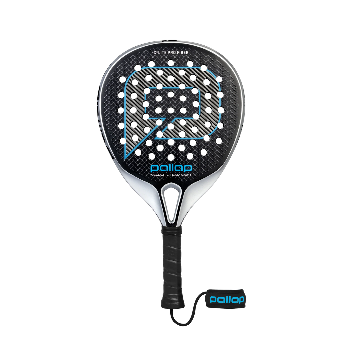 Front view of the Pallap Velocity Team Light 2026 padel racket in gray, black and blue, showing the black racket face with a large carbon-style Pallap graphic outlined in blue, silver-gray frame, black handle grip and black wrist strap with blue Pallap branding.