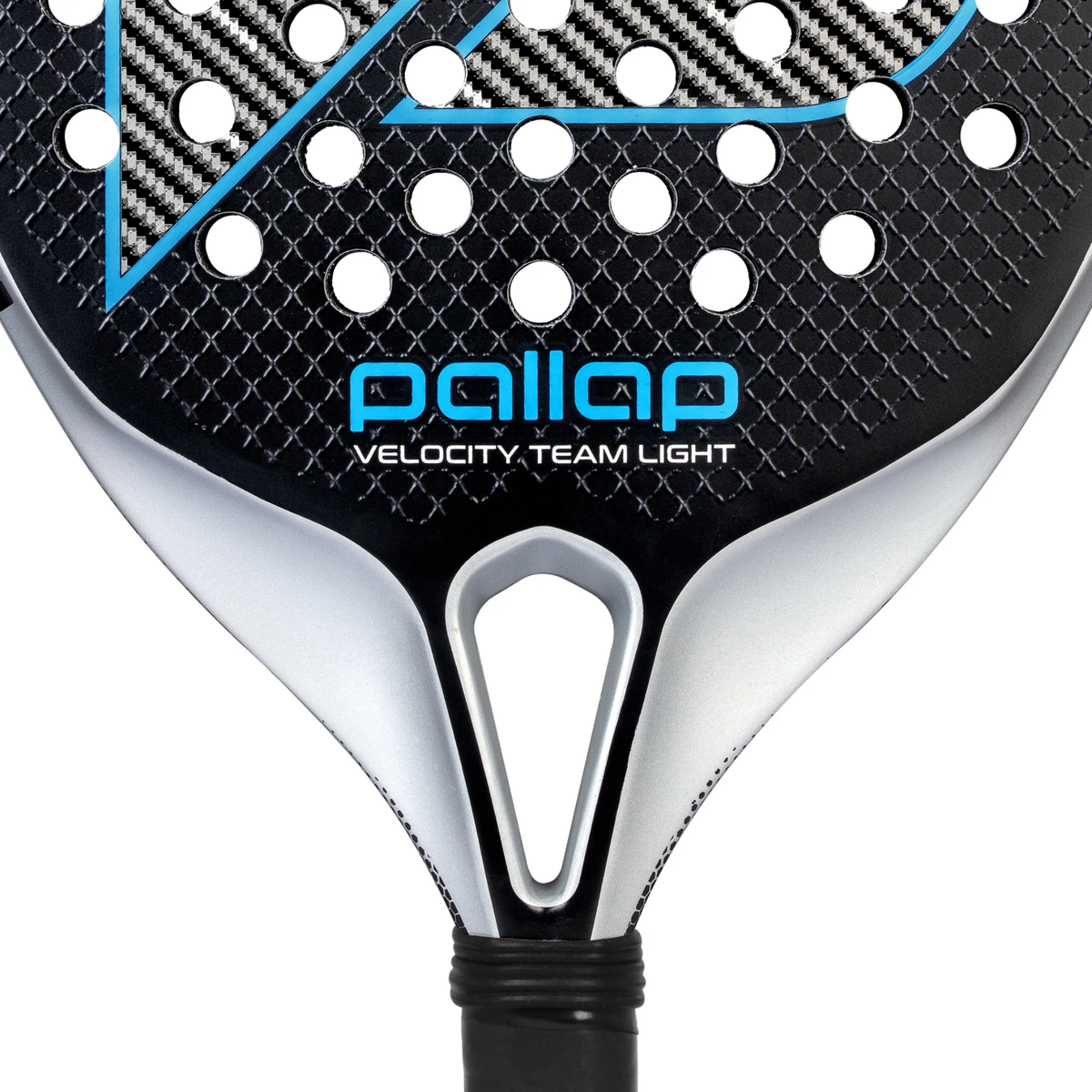 Close-up detail of the Pallap Velocity Team Light 2026 padel racket, highlighting the lower black racket face, blue Pallap logo, Velocity Team Light text and the silver-gray throat above the black handle grip.