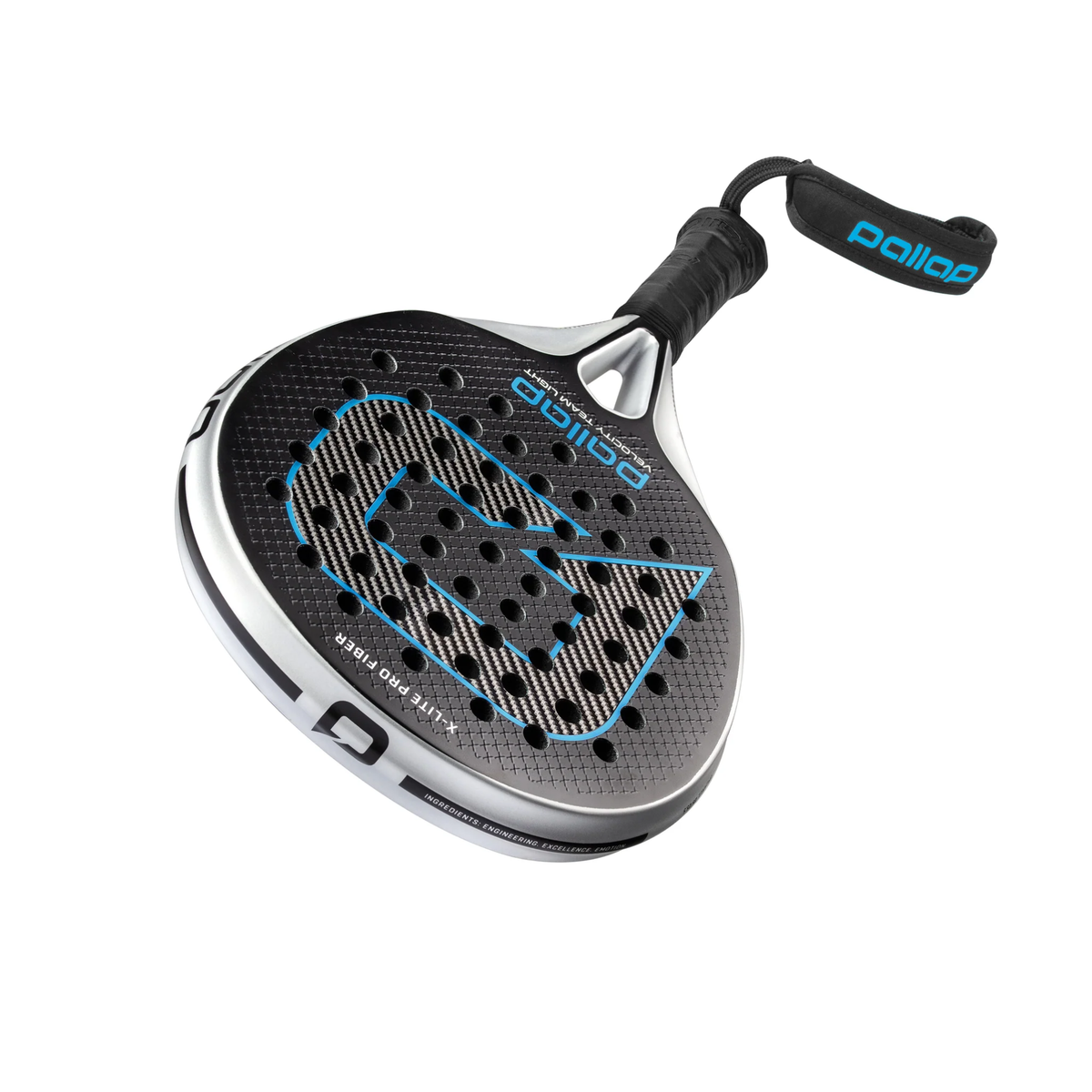 Top angled view of the Pallap Velocity Team Light 2026 padel racket, showing the black face with blue carbon-style graphic, silver-gray frame, black handle grip and black wrist strap with blue Pallap branding.